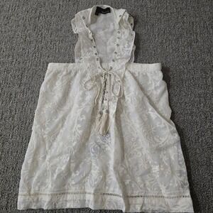 The Kooples Bohemian Ivory Embroidered Lace Up Grommet Tunic XS Romantic‎